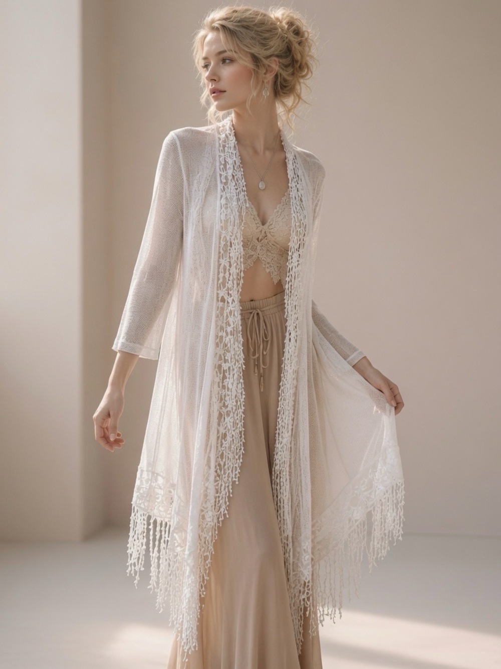 Black label Chicos long sheer kimono cardigan M 2 lace fairy angelcore ethereal
